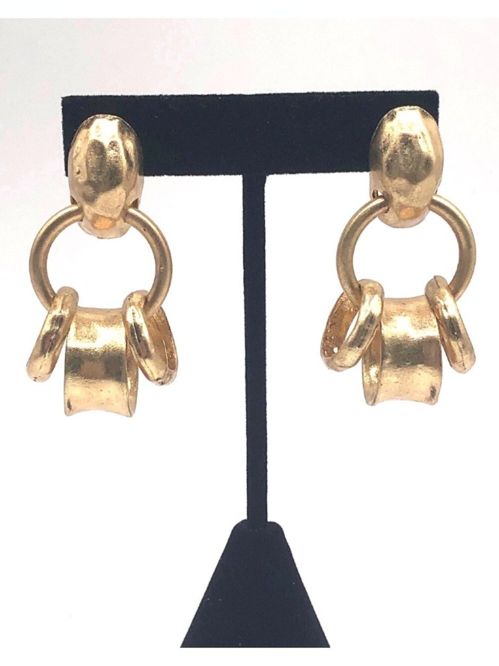 Brushed Gold Tone Brutalist Style Dangle Earrings Sculptural Statement Posts